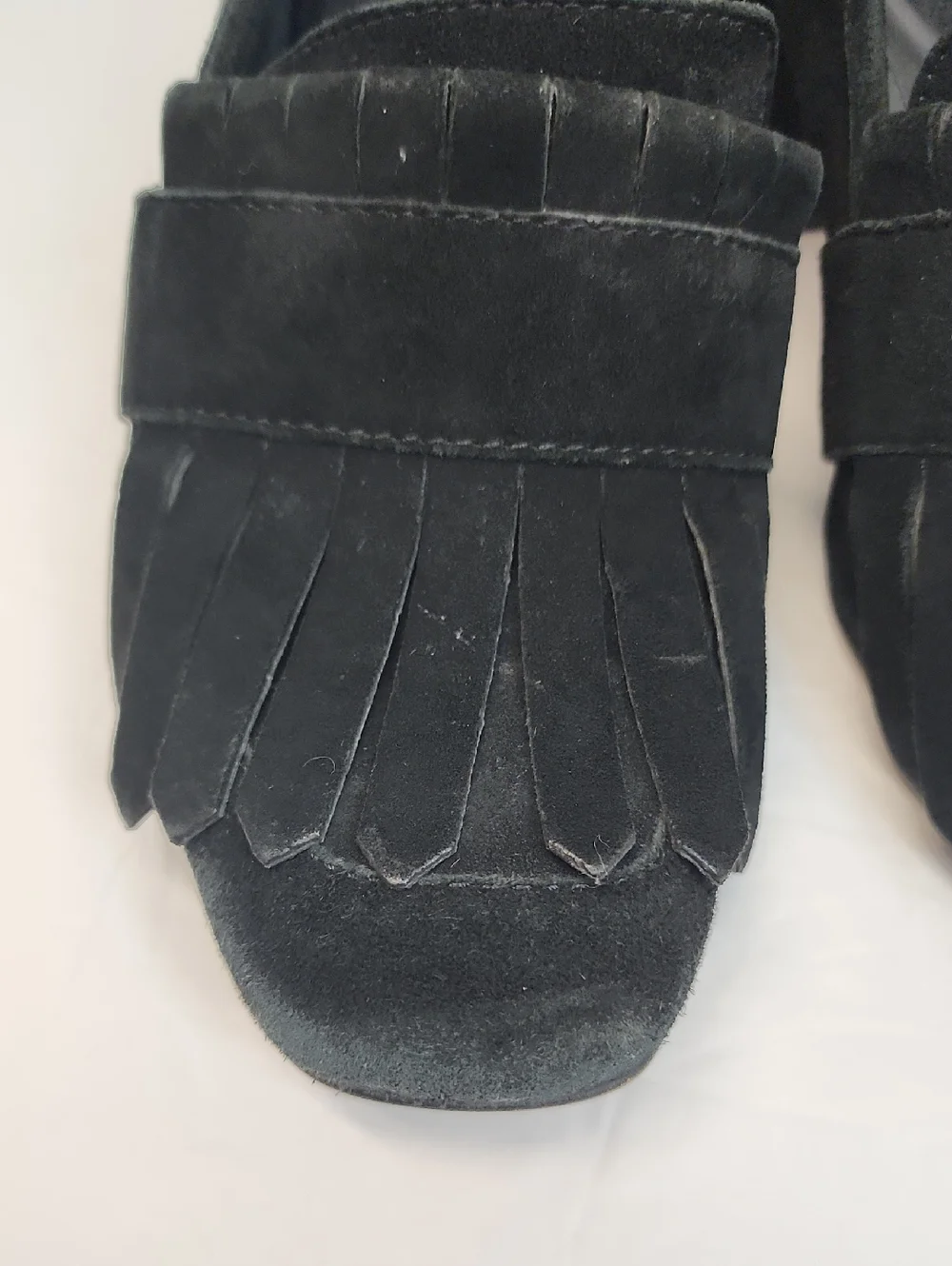 Black Suede Fringe Block Heel Loafers - Women